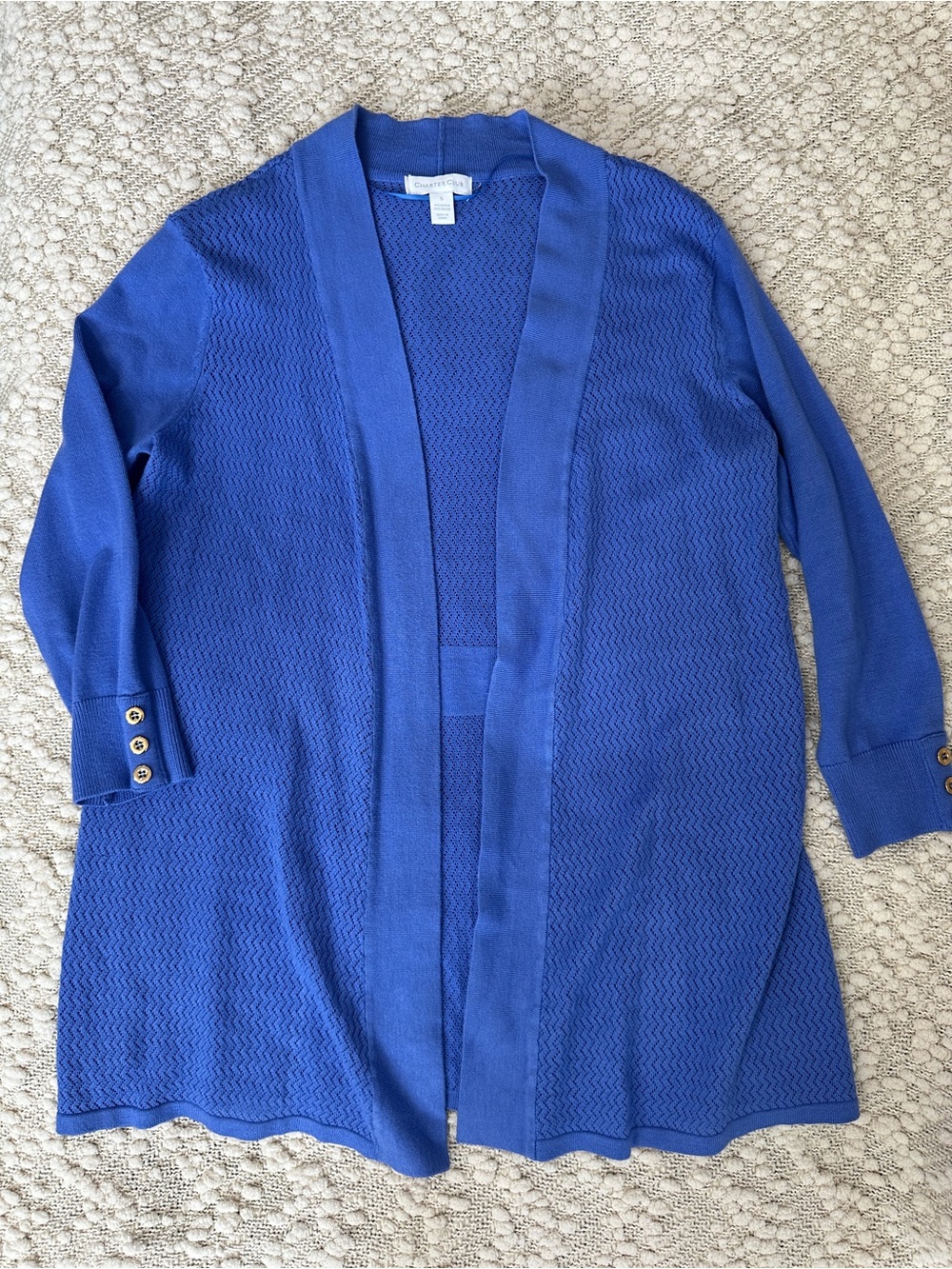 Charter Club Blue Open Front Pointelle Knit Cardigan Sweater Small Gold Buttons